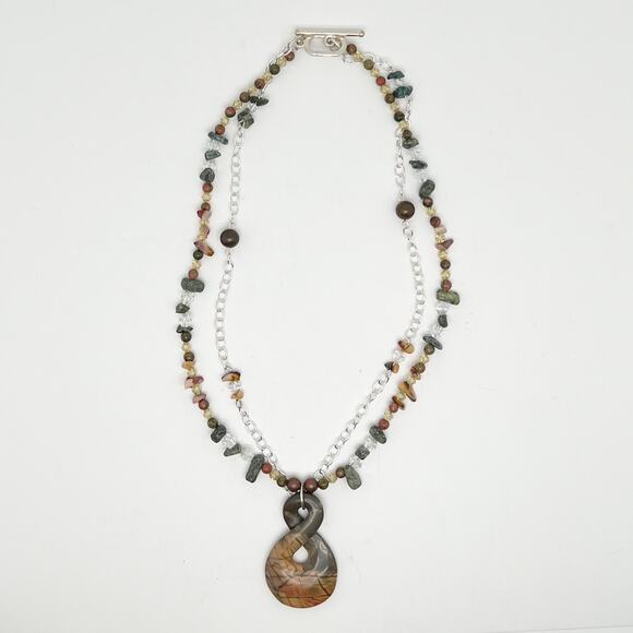 Handmade Double Strand Beaded Chain Necklace With Natural Pendant Hand Crafted - Picture 1 of 4
